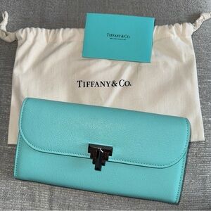 Tiffany & Co Continental Leather Flap Wallet T Deco Design In Tiffany Blue